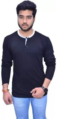 Himgiri International Solid Men Mandarin Collar Navy Blue T-Shirt