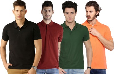 Galatea Solid Men Polo Neck Green, Brown, Black, Orange T-Shirt