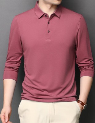Eyebogler Solid Men Polo Neck Pink T-Shirt