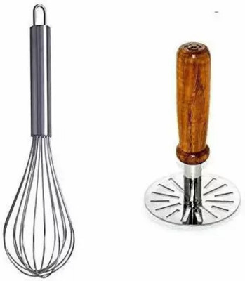 HITECH KITCHEN Combo Stainless Steel Potato Vegetable Masher & Egg Whisker Kitchen Tool Set Stainless Steel, Wood Balloon Whisk(Pack of 2)