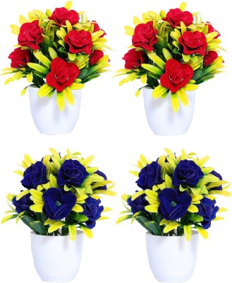 NERAPI Set of 4 Piece RB Stylish Design Flower Plant For Decoration Piece Blue, Red Rose Artificial Flower  with Pot(7 inch, Pack of 4, Flower with Basket)