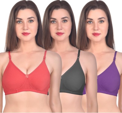 AMOZE Molded Double Layered Bra Women Full Coverage Non Padded Bra(Red, Black, Purple)