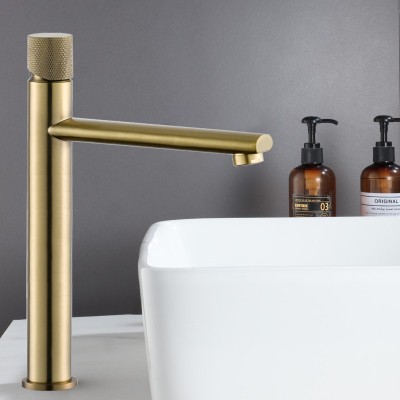 InArt Brass Single Lever Basin Mixer with Textured Knob Design/Hot & Cold Wash Basin Faucet (Counter Basin Mixer) (Gold) Pillar Tap Faucet(Vessel Installation Type)