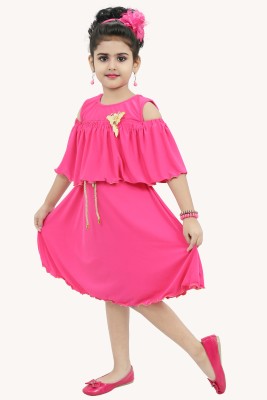 Chandrika Indi Girls Midi/Knee Length Casual Dress(Pink, Short Sleeve)