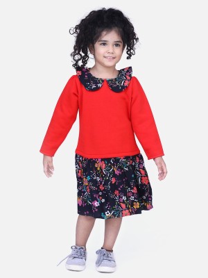 Aww Hunnie Indi Girls Midi/Knee Length Casual Dress(Red, Full Sleeve)