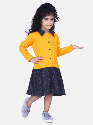 Aww Hunnie Indi Girls Midi/Knee Length Casual Dress(Yellow, Full Sleeve)