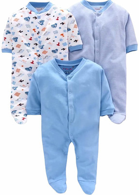 MM IMPEX Romper For Baby Boys & Baby Girls Striped, Printed, Solid Cotton Blend(Blue, Pack of 3)