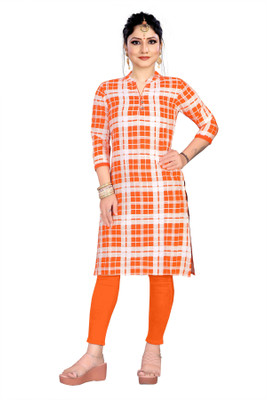 Omshree creation Women Geometric Print, Checkered Straight Kurta(Orange)