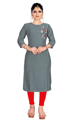 Omshree creation Women Embroidered Straight Kurta(Grey)