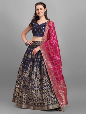 PURVAJA Printed Semi Stitched Lehenga Choli(Dark Blue)