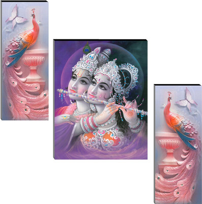 Indianara Set of 3 Radha Krishna with Peacocks MDF Art Painting (3868FL) without glass Digital Reprint 12 inch x 18 inch Painting(With Frame, Pack of 3)
