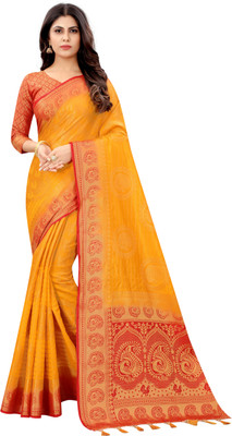 DHRUVIL TEXTILES Woven Banarasi Cotton Silk Saree(Yellow)