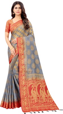 DHRUVIL TEXTILES Woven Banarasi Cotton Silk Saree(Red, Grey)