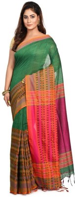 chhanda handloom sarees Striped Handloom Cotton Blend Saree(Dark Green)