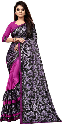 ENCLIQ Floral Print Bollywood Lycra Blend Saree(Purple)