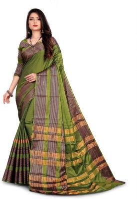 M U FASHION HUB Striped Daily Wear Cotton Silk Saree(Green)