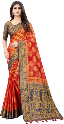 DHRUVIL TEXTILES Woven Banarasi Cotton Silk Saree(Red, Gold)