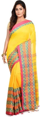 chhanda handloom sarees Striped Handloom Cotton Blend Saree(Yellow)