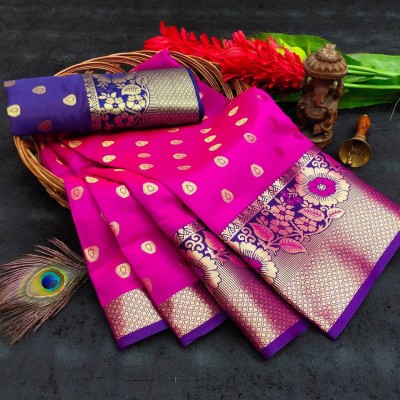 Harekrishna creation Woven Banarasi Jacquard, Cotton Silk Saree(Pink)