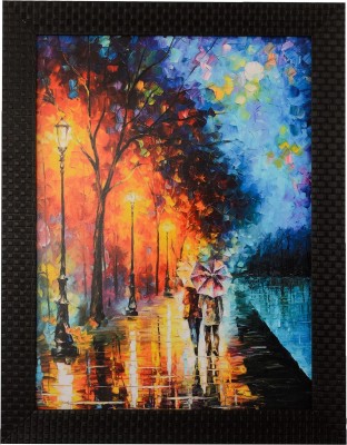 eCraftIndia Love Couple Under Umbrella Satin Matt Texture UV Canvas 35.56 cm x 24.5 cm Painting(With Frame)