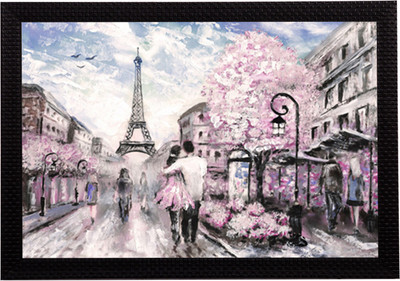 eCraftIndia Couple walking in front of Effiel Tower Satin Matt Texture UV Ink 10 inch x 14 inch Painting(With Frame)