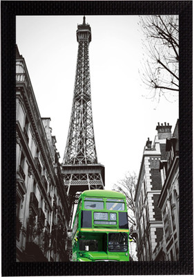 eCraftIndia Green Bus Underneath Effiel Tower Satin Matt Texture UV Ink 14 inch x 10 inch Painting(With Frame)