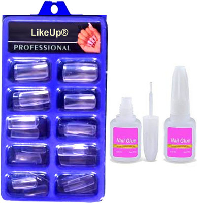 LikeUp Clear Transparent Artificial Nail 100pcs Fake acrylic Nail Tips With 10ml glue Transparent(Pack of 100)