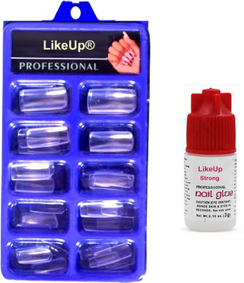 LikeUp Clear Transparent Artificial Nail 100pcs Fake acrylic Nail Tips With 5ml glue Transparent(Pack of 100)