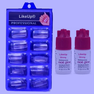 LikeUp Transparent Clear Artificial Nail 100pcs Fake acrylic Nail Tips With 5ml glue Transparent(Pack of 100)