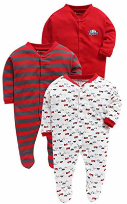 MM IMPEX Romper For Baby Boys & Baby Girls Striped, Printed, Solid Cotton Blend(Red, Pack of 3)