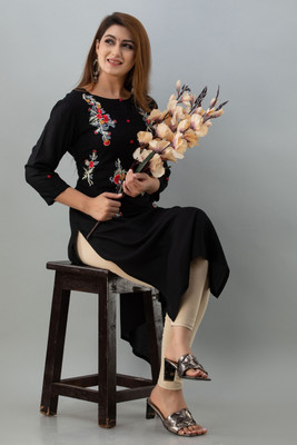his&her Women Embroidered Straight Kurta(Black)