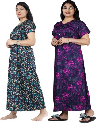 FAVNIC Women Nighty Set(Green, Purple)