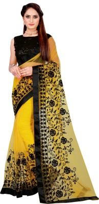HETIOM Embroidered Bollywood Net Saree(Yellow)