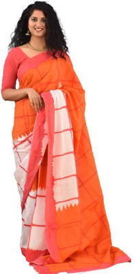 NIKHILAM Printed Handloom Pure Cotton Saree(Orange)