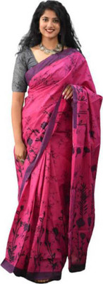 NIKHILAM Printed Handloom Pure Cotton Saree(Pink)