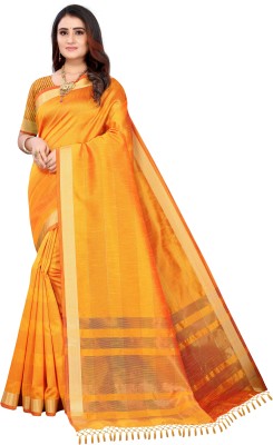 FABMORA Woven Bollywood Cotton Blend, Cotton Silk Saree(Yellow)