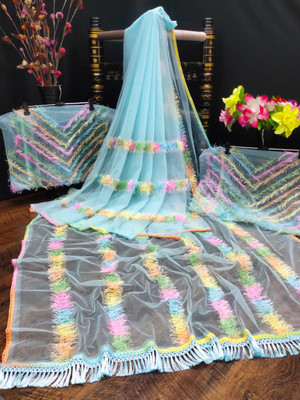 GZS Printed Banarasi Net Saree(Blue)