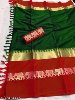Riddhi Enterprise Color Block Bollywood Jacquard, Cotton Silk Saree(Red, Green)