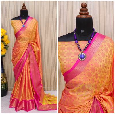 VRINDITA FASHION Self Design, Temple Border, Woven, Solid/Plain Assam Silk Art Silk, Cotton Silk Saree(Yellow)