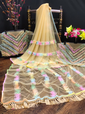 GZS Embroidered Bollywood Net Saree(Cream)