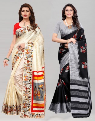 Samah Printed, Geometric Print, Floral Print Mysore Cotton Silk Saree(Pack of 2, Black, Cream)