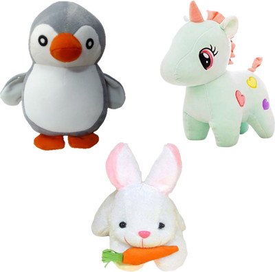 Toyhaven Cute soft toy set of 3- Penguin, Unicorn, Rabbit/toys for kids & gifting  - 25 cm(White, Grey, Green)