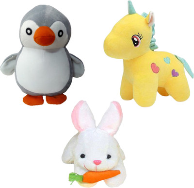 Toyhaven Cute soft toy set of 3- Penguin, Unicorn, Rabbit/toys for kids & gifting  - 25 cm(White, Blue, Yellow)