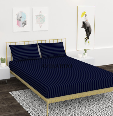 AVISARDO 180 TC Microfiber Double Striped Fitted (Elastic) Bedsheet(Pack of 1, Blue)