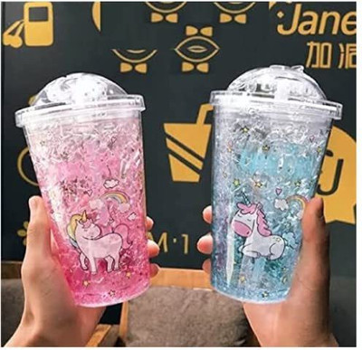 uniqueexpo Pack of 1 Slide and Open Unicorn Rainbow Sipper Acrylic Transparent Water Bottle 450 ml Sipper(Pack of 1, Multicolor, Plastic)