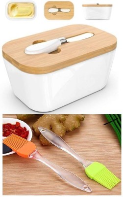 MEGATRNZASE Ceramic, Wooden, Steel Fridge Container  - 600 ml(White)