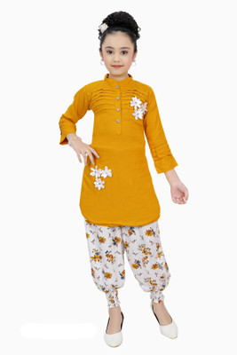 simran Girls Festive & Party Kurta and Dhoti Pant Set(Yellow Pack of 1)