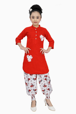 simran Girls Festive & Party Kurta and Dhoti Pant Set(Red Pack of 1)