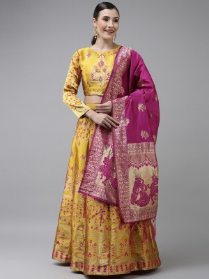 Fabcartz Printed Semi Stitched Lehenga Choli(Yellow, Pink)