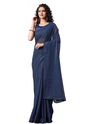 KOLVA CREATION Embroidered Bollywood Georgette Saree(Dark Blue)